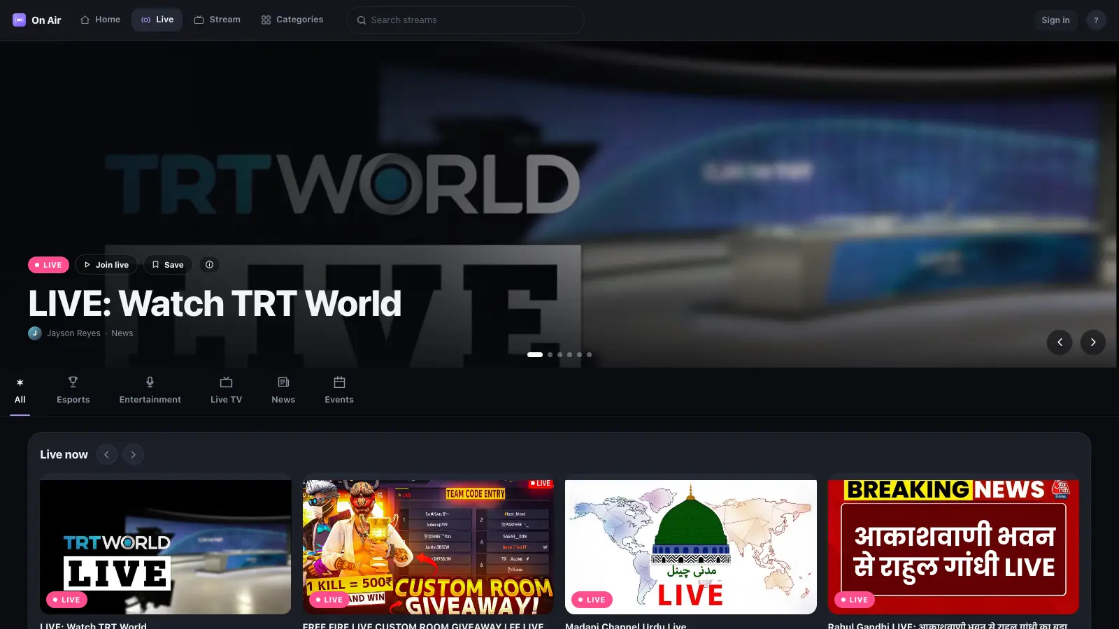 The Live tab — people broadcasting now.